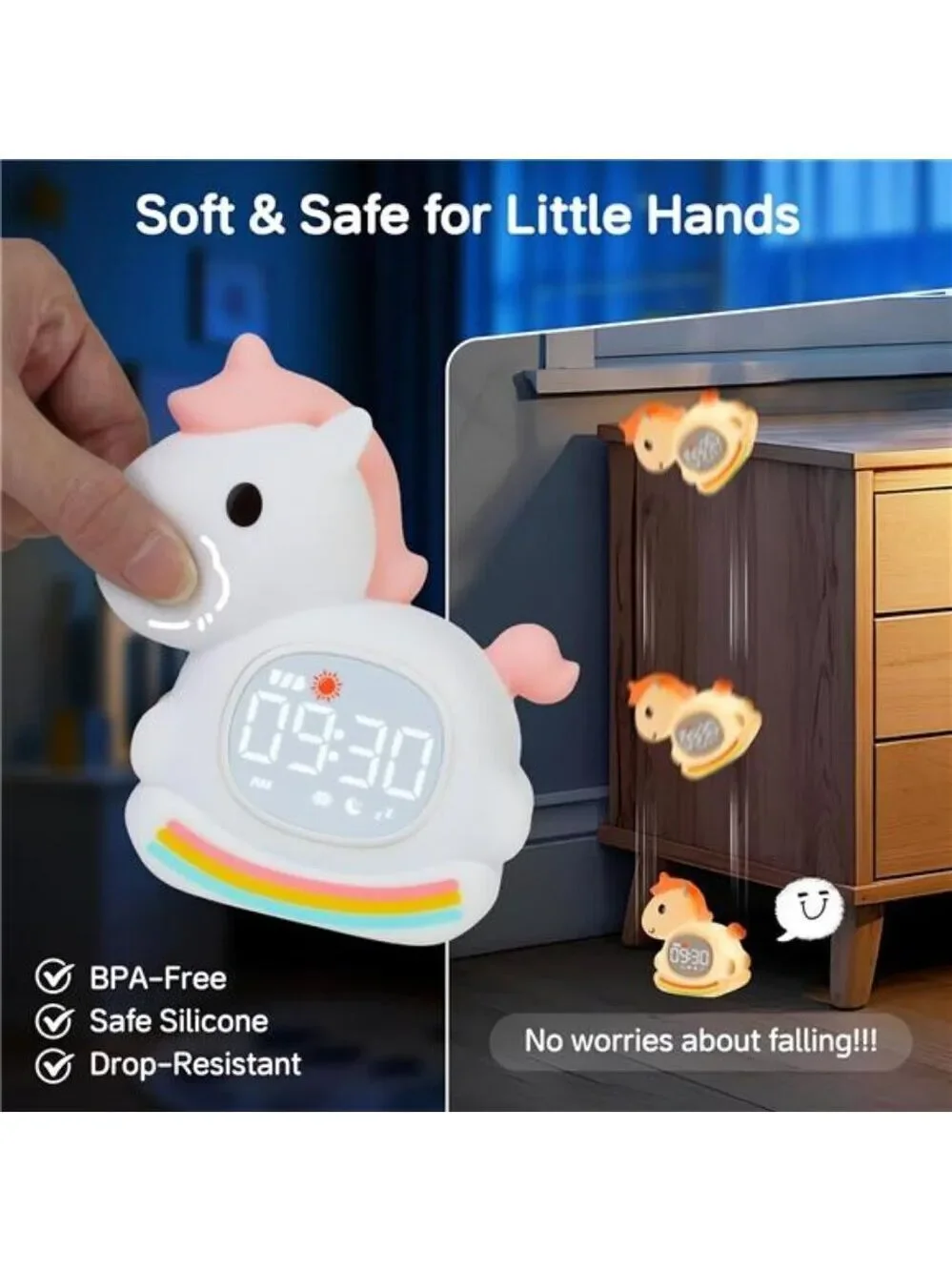 Kids Alarm Clock Night Light Sleep Training Clock Rechargeable Boys Girls Pink